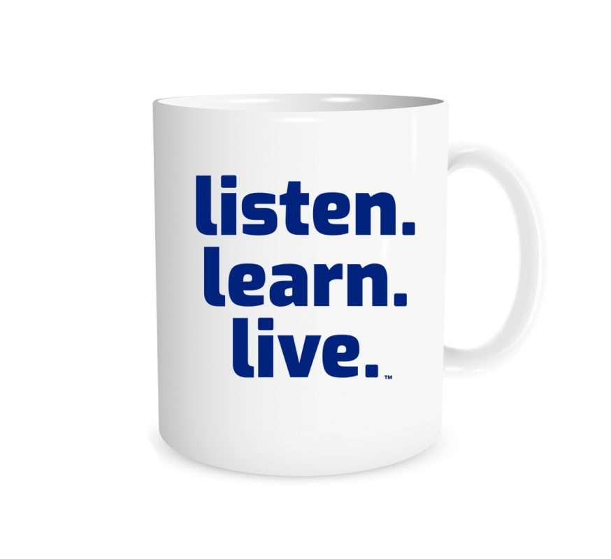 Listen Learn Live Motivational Coffee Mug - White Blue 11 oz Mug - EntreVisionU